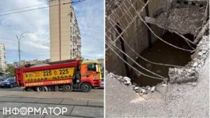 На Оболонській площі у Києві вантажівка провалилася під асфальт через перевантаження