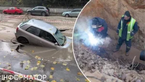 У Києві на Голосіївській вулиці автомобіль провалився під асфальт через порив водогону